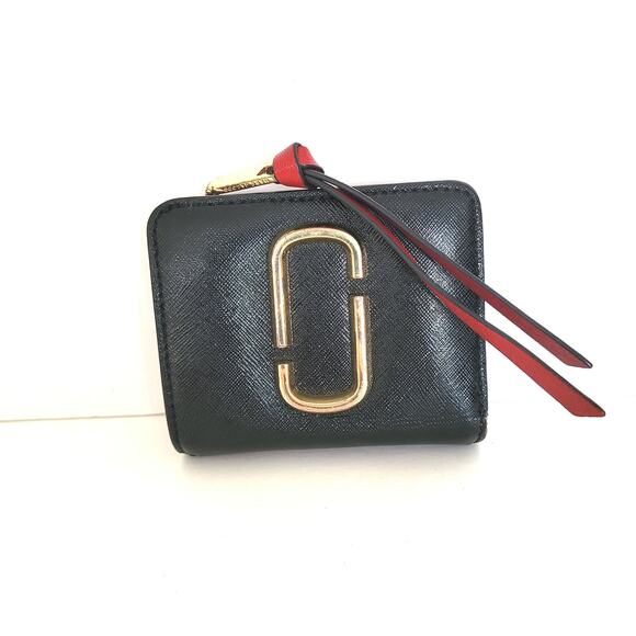 MARC JACOBS Logo The Snapshot Medium Bifold Wallet Black Red Leather 3in1 Compac - Picture 1 of 10